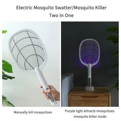 Mosquitoes Lamp & Racket 2 In 1 Electric Fly Swatter Powerful Usb Rechargeable Grid 3-layer