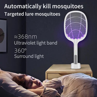 Mosquitoes Lamp & Racket 2 In 1 Electric Fly Swatter Powerful Usb Rechargeable Grid 3-layer