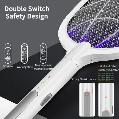 Mosquitoes Lamp & Racket 2 In 1 Electric Fly Swatter Powerful Usb Rechargeable Grid 3-layer