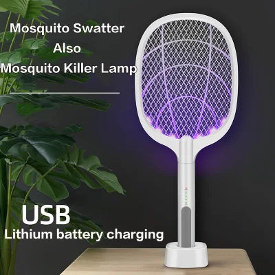 Mosquitoes Lamp & Racket 2 In 1 Electric Fly Swatter Powerful Usb Rechargeable Grid 3-layer